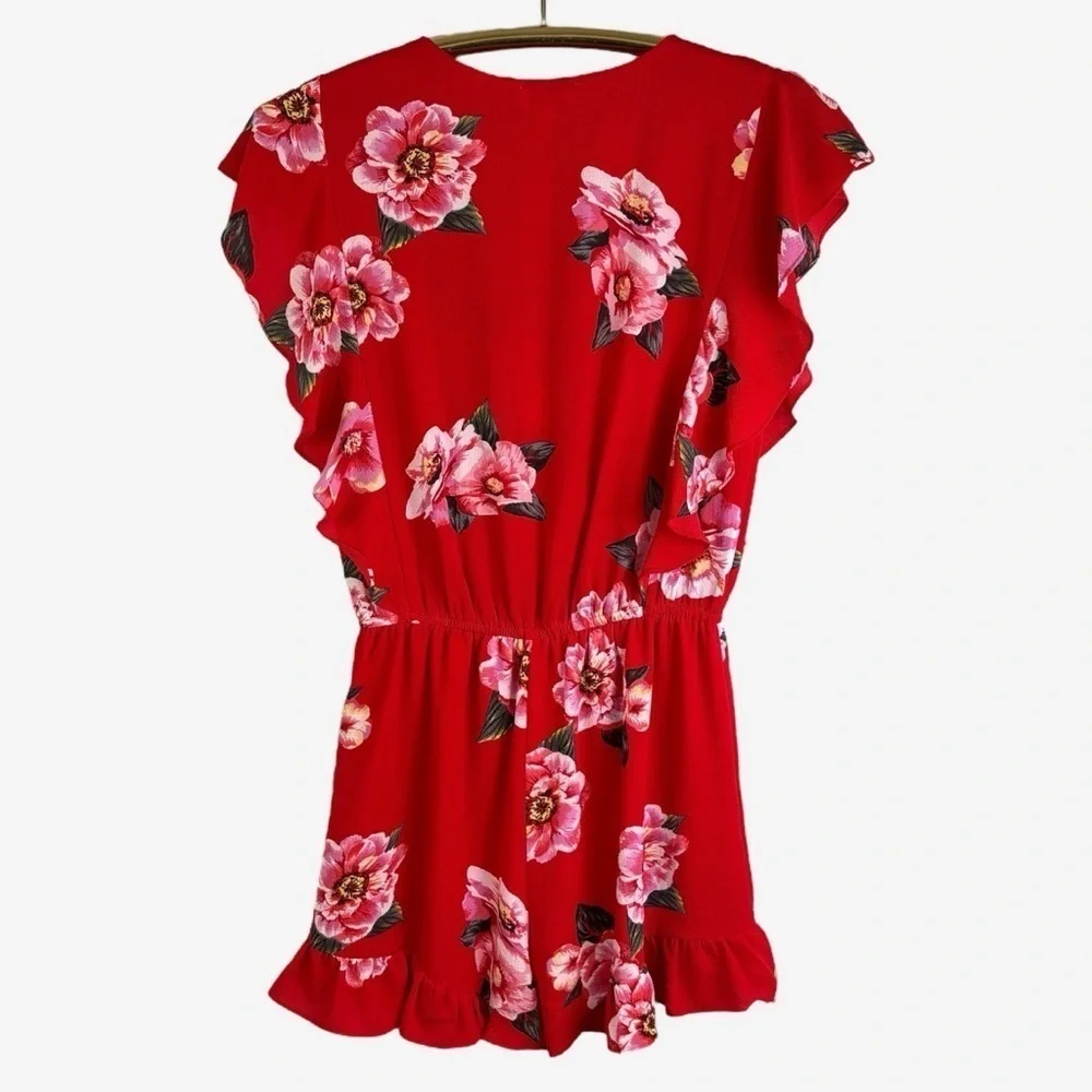Umgee Floral Surplice Ruffle Romper Size S Red Built-In Shorts